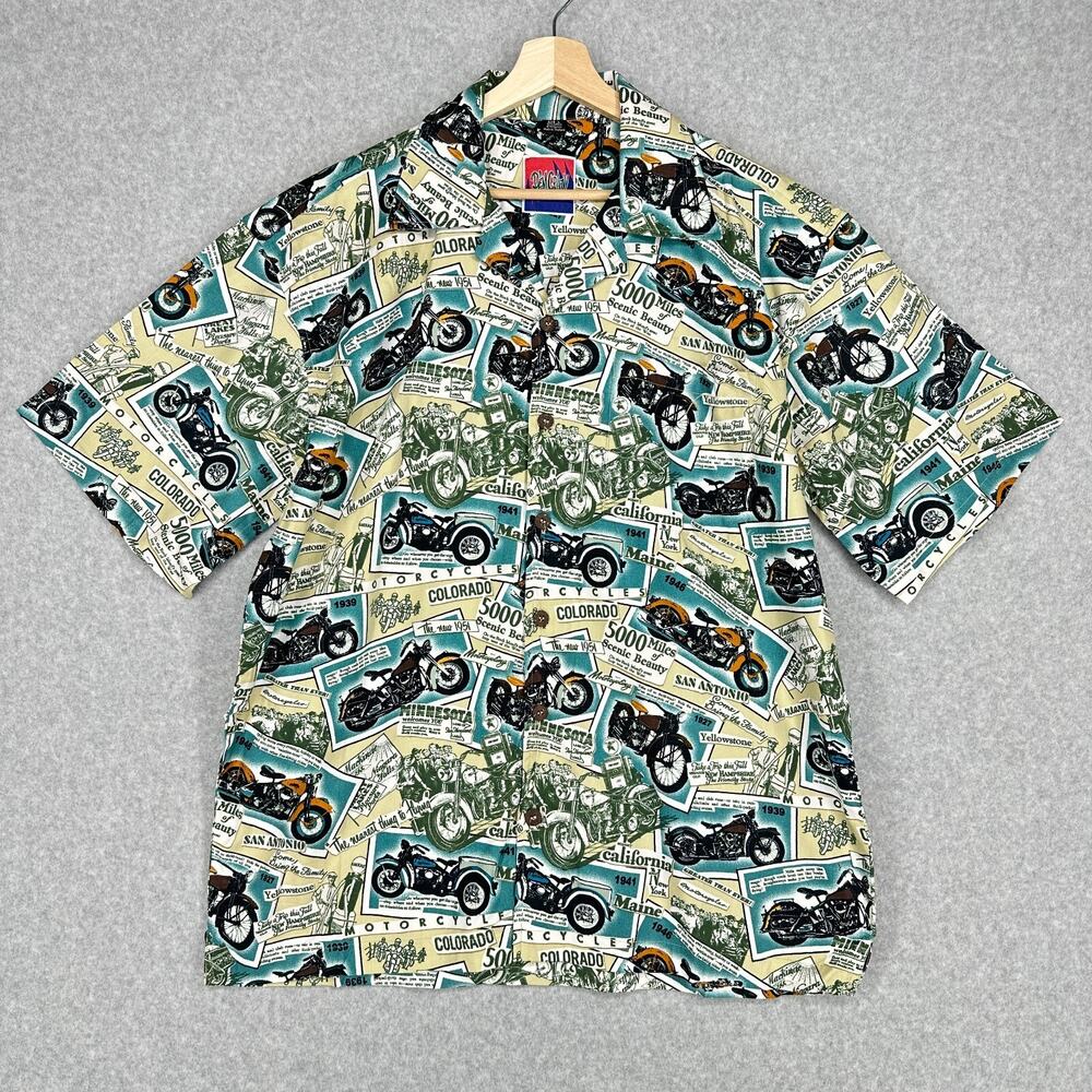 Dem Crazy Shirt Mens L Blue Motorcycles Road Trip AOP Hawaiian Travel Novelty